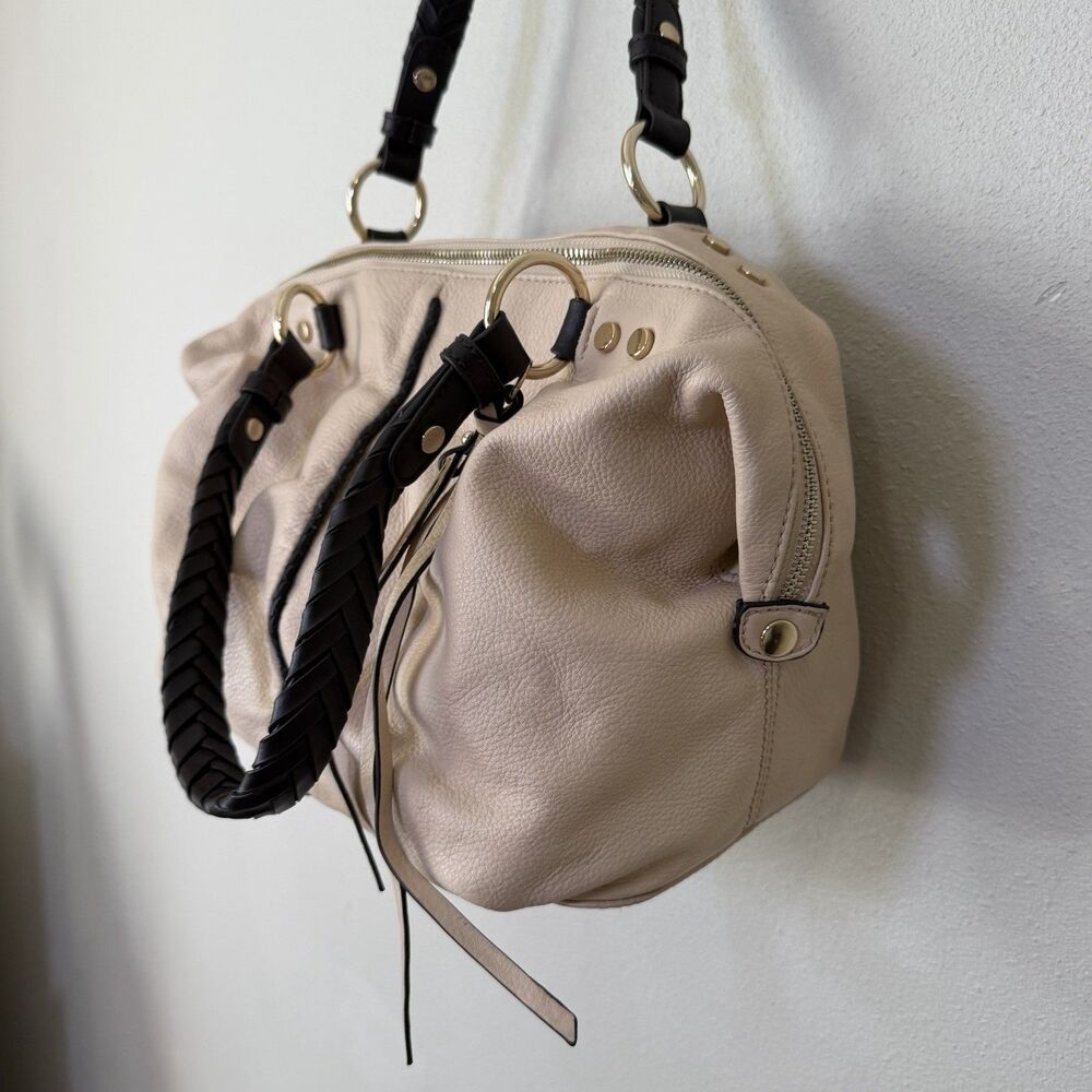 B. Makowsky Cream Beige Leather Shoulder Bag Satchel Braided Handles Boho Purse - Picture 13 of 16